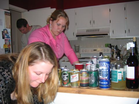 1985 Ford LTD Crown Victoria - A collection of beer cans and bottles are arranged on a counter in a kitchen setting.