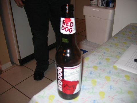 1985 Ford LTD Crown Victoria - A Red Dog beer bottle is the focus of this indoor shot, with a person and a trash can visible.