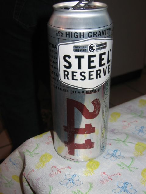 1985 Ford LTD Crown Victoria - A can of Steel Reserve High Gravity Lager sits on a colorful tablecloth.