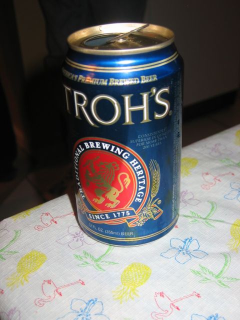 1985 Ford LTD Crown Victoria - A can of Troh's beer sits on a patterned tablecloth.