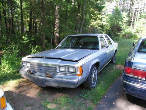 1991 Ford LTD Crown Victoria - A weathered silver-grey Ford LTD Crown Victoria four-door sedan parked on grass at the edge of a wooded lot, shot from the front three-quar…