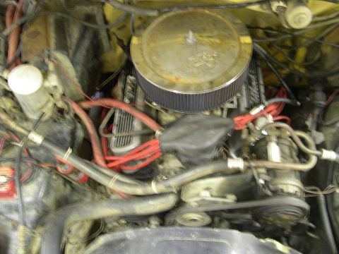 1982 Ford Bronco - Close-up view of a cluttered engine bay, showing the air filter, hoses, and wiring.