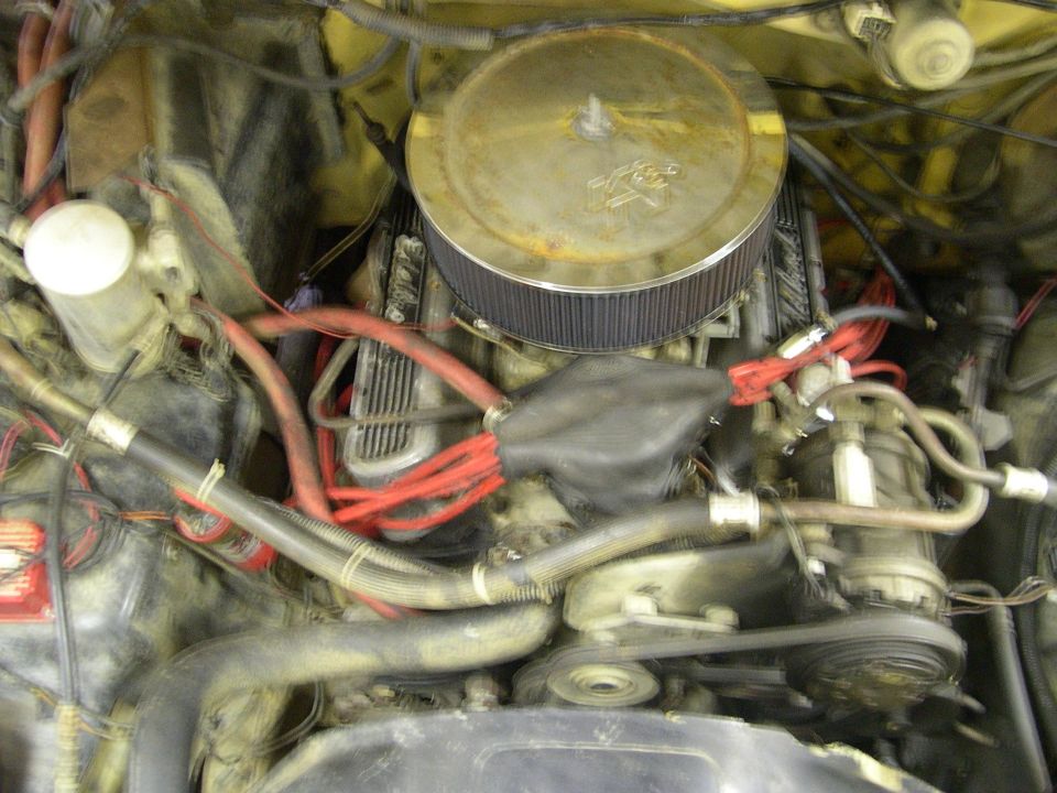 Engine bay with a large circular air filter over the carburetor, red spark plug wires, and various hoses and belts