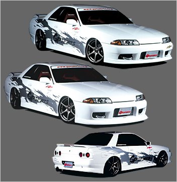 1999 Ford Taurus - Two white sports cars with racing decals are shown from a 3/4 front view.
