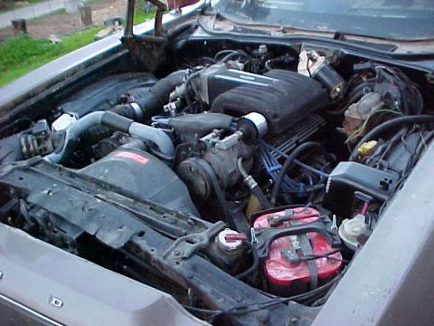 1973 Ford Ranchero - Under-hood view of an engine bay showing a V-style engine with air intake plenum, blue spark plug wires, various hoses, and a red battery o…