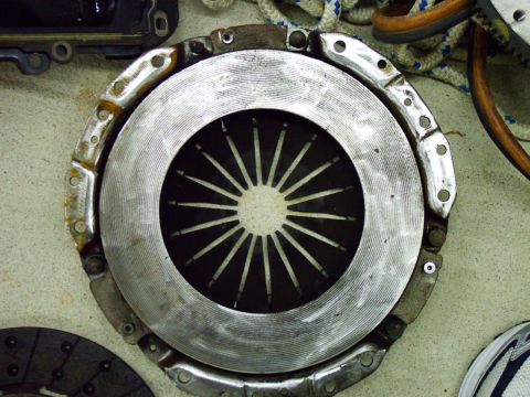 2003 Ford Mustang - Close-up of a clutch pressure plate, a component of a vehicle's drivetrain.