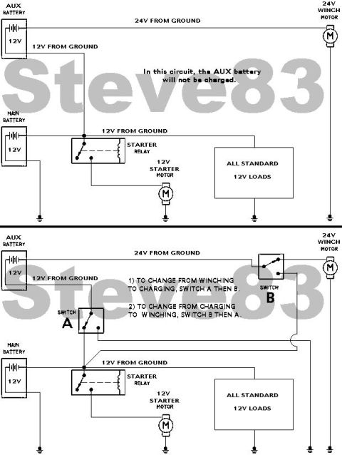 1983 Ford Bronco - 24V Winch Circuits IF THE IMAGE IS TOO SMALL, click it. In the top arrangement, the Aux Battery will require an external charger, or a TOTA…