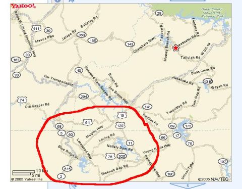 1985 Ford LTD Crown Victoria - Yahoo road map of the North Georgia/Tennessee mountains with a hand-circled driving loop; not a technical document.