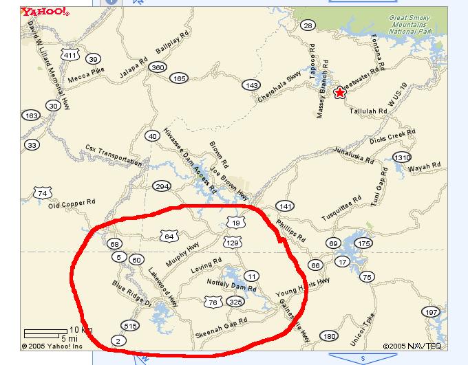 Yahoo road map of the Smoky Mountains area with a circled loop of roads