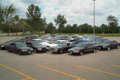 1985 Ford LTD Crown Victoria - A large group of Ford Crown Victoria and Mercury Grand Marquis sedans parked in a lot under a cloudy sky.