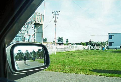 1985 Ford LTD Crown Victoria - A view from inside a vehicle shows a side mirror reflecting a person walking on a path near trees.