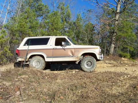 1982 Ford Bronco - A lifted Ford Bronco navigates a wooded trail with a clear blue sky overhead.