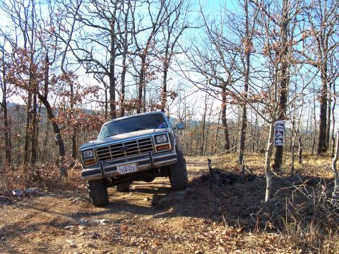 1982 Ford Bronco - This 1980s Ford Bronco navigates a challenging off-road path through a wooded area.