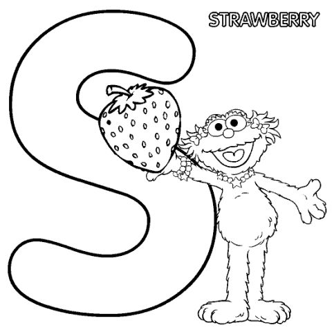 1978 Ford Bronco - Children's alphabet coloring page for the letter S with a strawberry and a Sesame Street character, not a technical document.