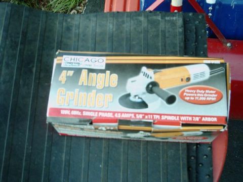 1966 Ford F-250 - Box displays a 4" angle grinder with specifications like 120V, 4.5 AMPS, and 11,000 RPM.
