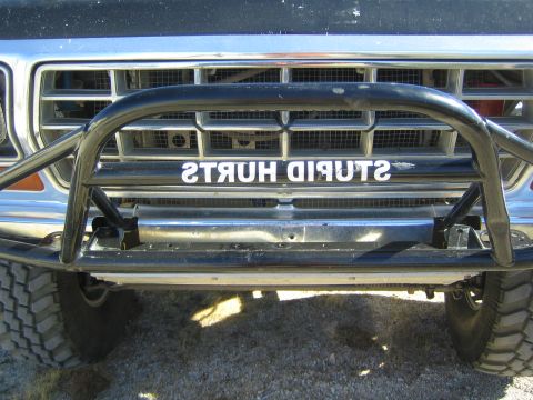 1990 Ford Bronco - Close-up of a black Ford truck's tubular front bumper and grille with the mirrored lettering STUPID HURTS across it.