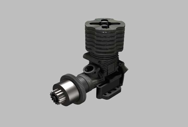 Black model engine with ribbed cylinder and geared shaft