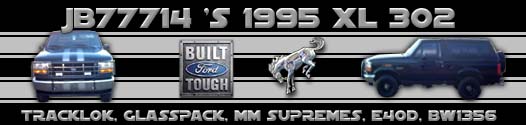Front view of a dark blue 1995 Ford Bronco and a dark blue Ford F-Series truck