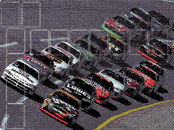 1972 Ford Ranchero - A group of race cars are lined up on a track, viewed from above.