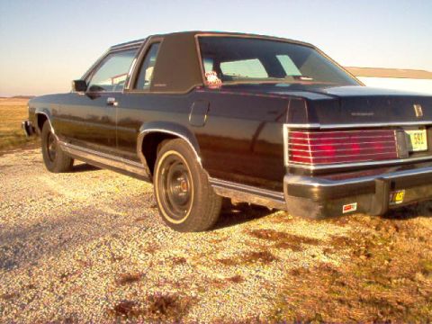 1985 Ford LTD Crown Victoria - Rear view of a dark sedan on a gravel lot under a clear sky.