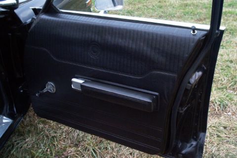 1991 Ford LTD Crown Victoria - Dark interior door panel of a vintage car showing the chrome door handle, lock plunger, and pull strap, door open to grass.