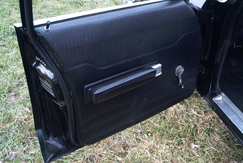 Black interior door panel with chrome handle and side mirror, over grass