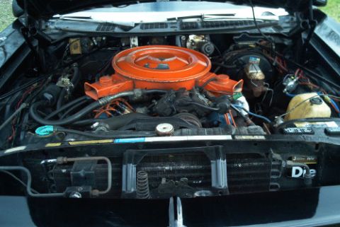 1991 Ford LTD Crown Victoria - Engine bay viewed from the front showing a V8 with an orange air cleaner, radiator, and battery, hood raised.