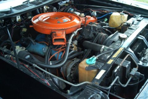 1991 Ford LTD Crown Victoria - Engine compartment showing a V8 engine topped with an orange round air cleaner, alternator, hoses, and reservoirs.