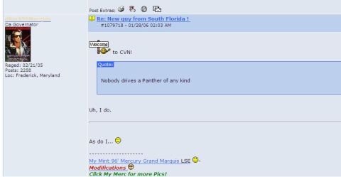 2000 Ford Crown Victoria - A forum post discusses vehicles, with a user profile and quoted text visible.