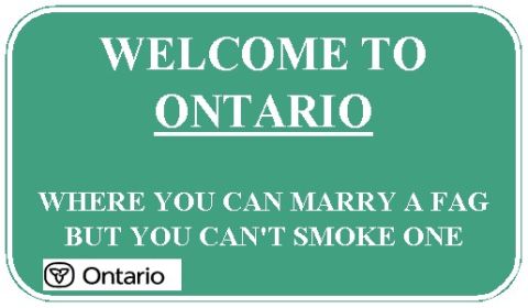 1978 Ford Mustang II - A sign with controversial text about Ontario is shown.