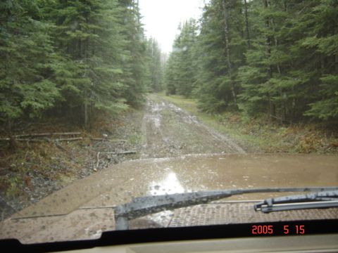 1990 Ford Bronco - A 1990 Ford Bronco navigates a muddy, tree-lined road, with water splashing on the windshield.