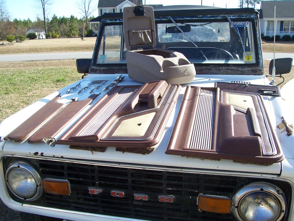 Ford Bronco with interior door panels and a center console on the hood