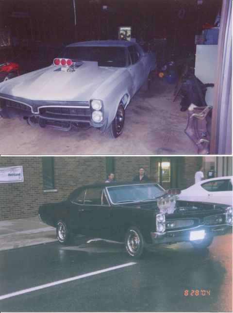 1967 Pontiac Lemans - car in primer with hood scoop installed just before paint. first day after paint at a mansfield car show, minus the hood.