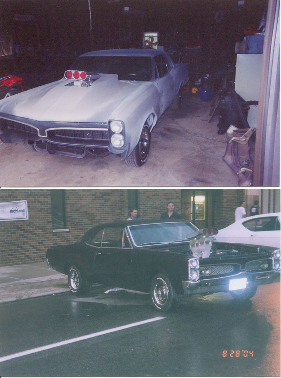 Two photos: 1967 Pontiac LeMans coupe with hood blower scoop, in gray primer in garage and finished black on street.