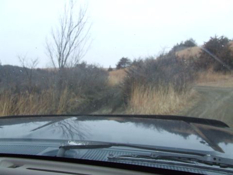1994 Ford Bronco - Driving on a dirt road through a rural landscape with dry vegetation and trees under an overcast sky.