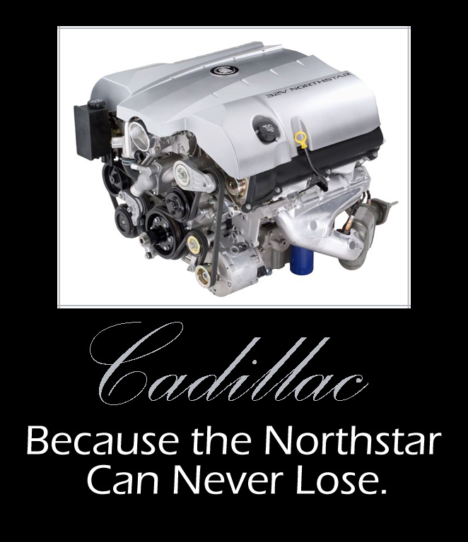 Poster image of a Cadillac 32V Northstar V8 engine on black with caption text below