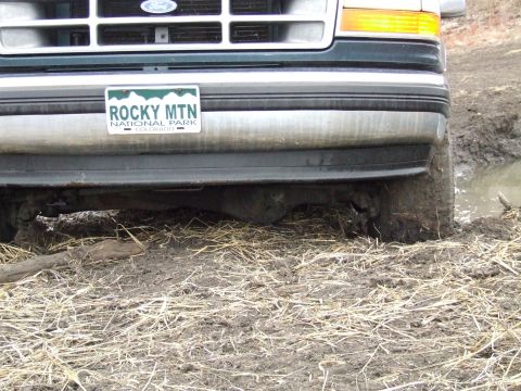 1994 Ford Bronco - A green Ford Bronco is stuck in the mud, with its front tires submerged.