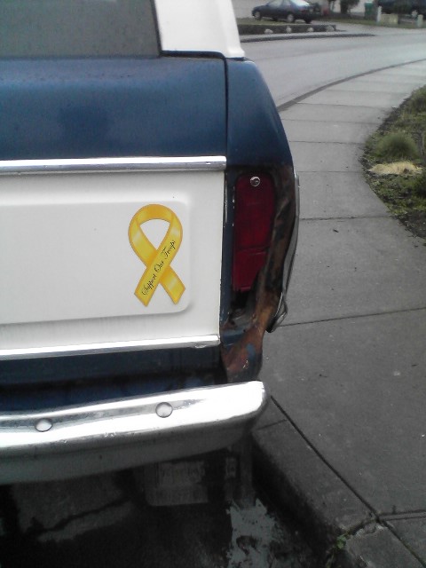 1978 Ford Bronco - Rear view of a 1978 Ford Bronco showing damage to the taillight assembly and a 'Support Our Troops' sticker.