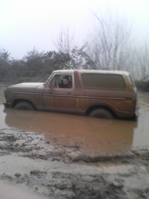 1978 Ford Bronco - A 1978 Ford Bronco is submerged in mud up to its doors, with a person in the driver's seat.