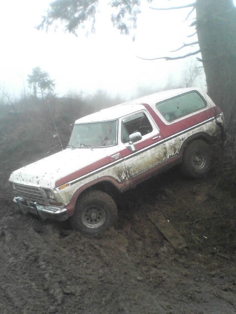 1978 Ford Bronco - This 1978 Ford Bronco is deep in the mud, leaning precariously to one side.
