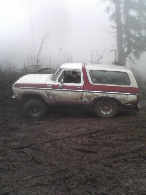1978 Ford Bronco - A two-tone Ford Bronco navigates a muddy, off-road environment.