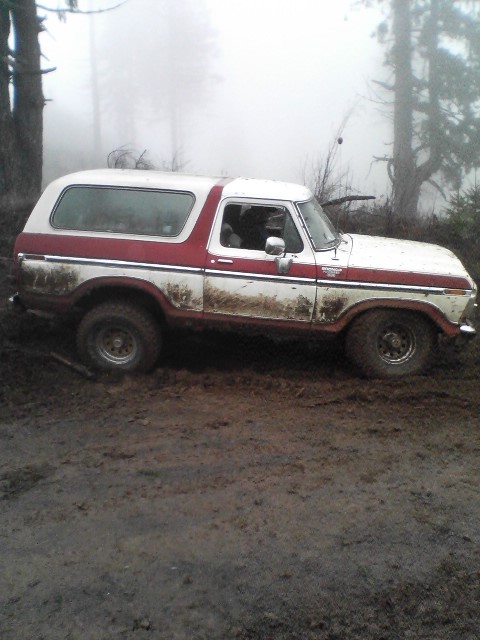 1978 Ford Bronco - This classic 1978 Ford Bronco is captured in a side profile, navigating through a muddy terrain.