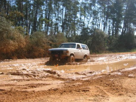 1989 Ford Bronco - A white SUV navigates a challenging muddy terrain with dense trees lining the path.