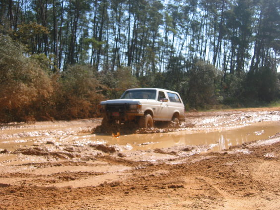 White SUV stuck in deep mud on a dirt road, trees in background