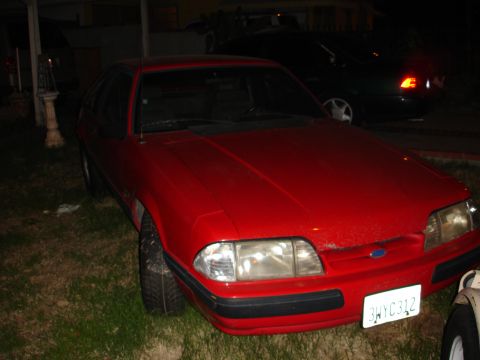 1993 Ford Taurus - A red 1993 Ford Mustang is parked in a grassy area at night, with another vehicle in the background.