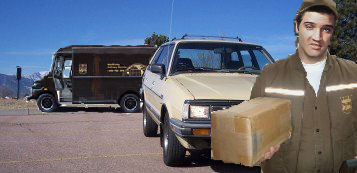 1979 Ford Ranchero - Elvis Presley, dressed as a delivery driver, stands with a package next to a beige SUV and a UPS truck.