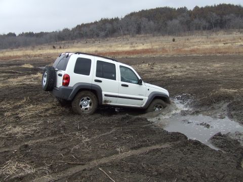 1994 Ford Bronco - A white Jeep Liberty is stuck in a muddy puddle off-road, with trees in the background.