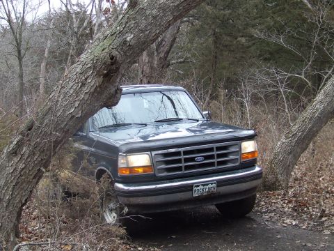 1994 Ford Bronco - This Ford F-150 is navigating a tight spot between trees in a wooded area.