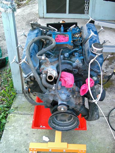 1986 Ford Bronco - Engine assembly on a stand, ready for installation or rebuild.