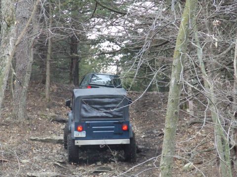 1994 Ford Bronco - Two off-road vehicles driving on a wooded trail with rocky terrain.
